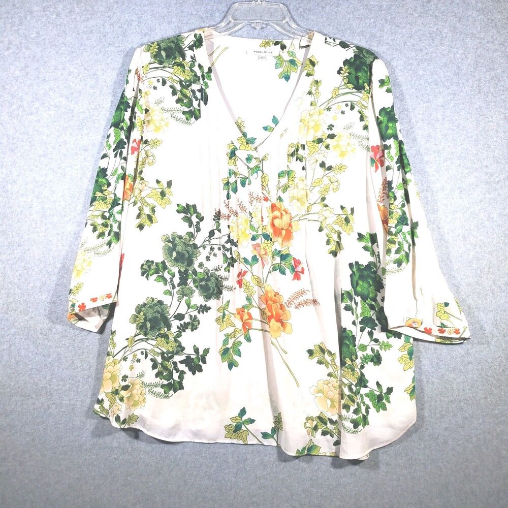 Rose & Olive Floral Pintuck Blouse Women's 3x Asian Inspo Cream Green 3/4 Sleeve